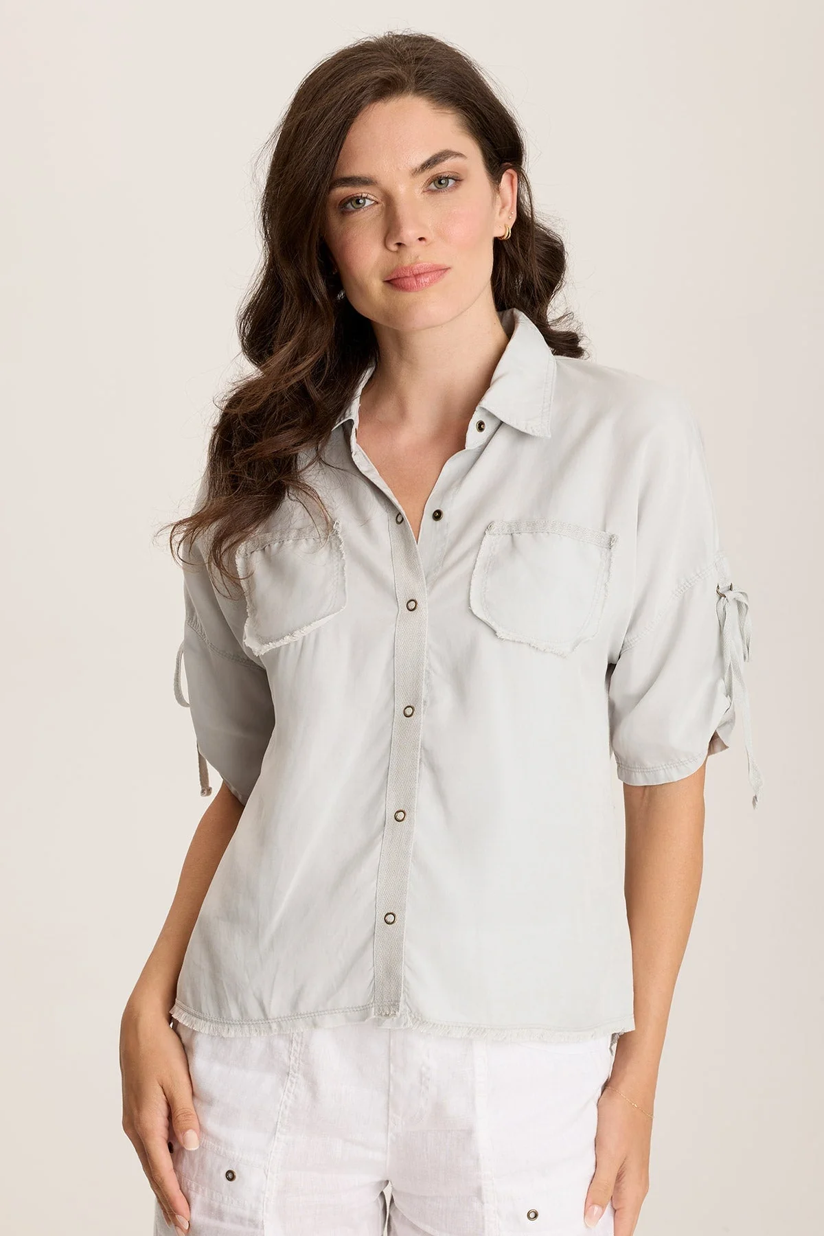 Vinton Twill Jersey Button-Up Collared Top - Shopern