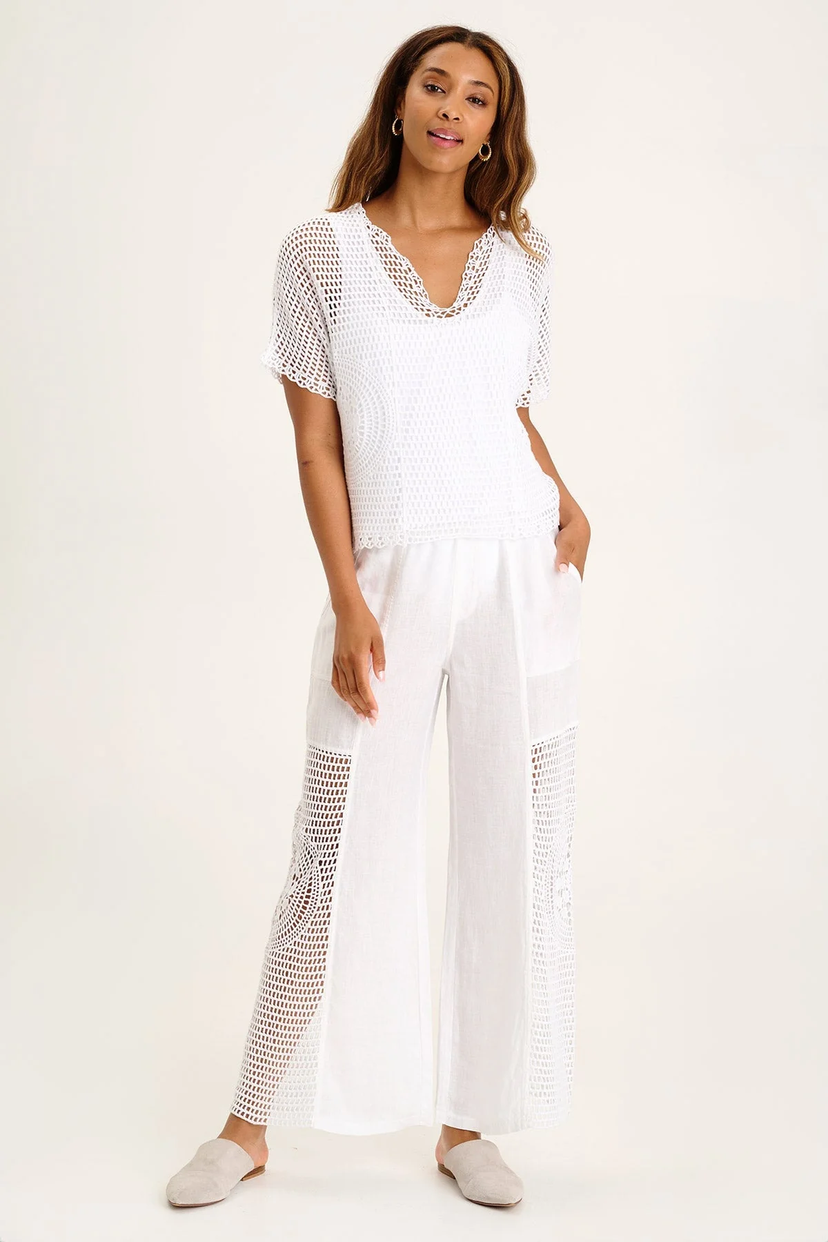 Tangent Linen/Crochet Wide Leg Pant - Shopern