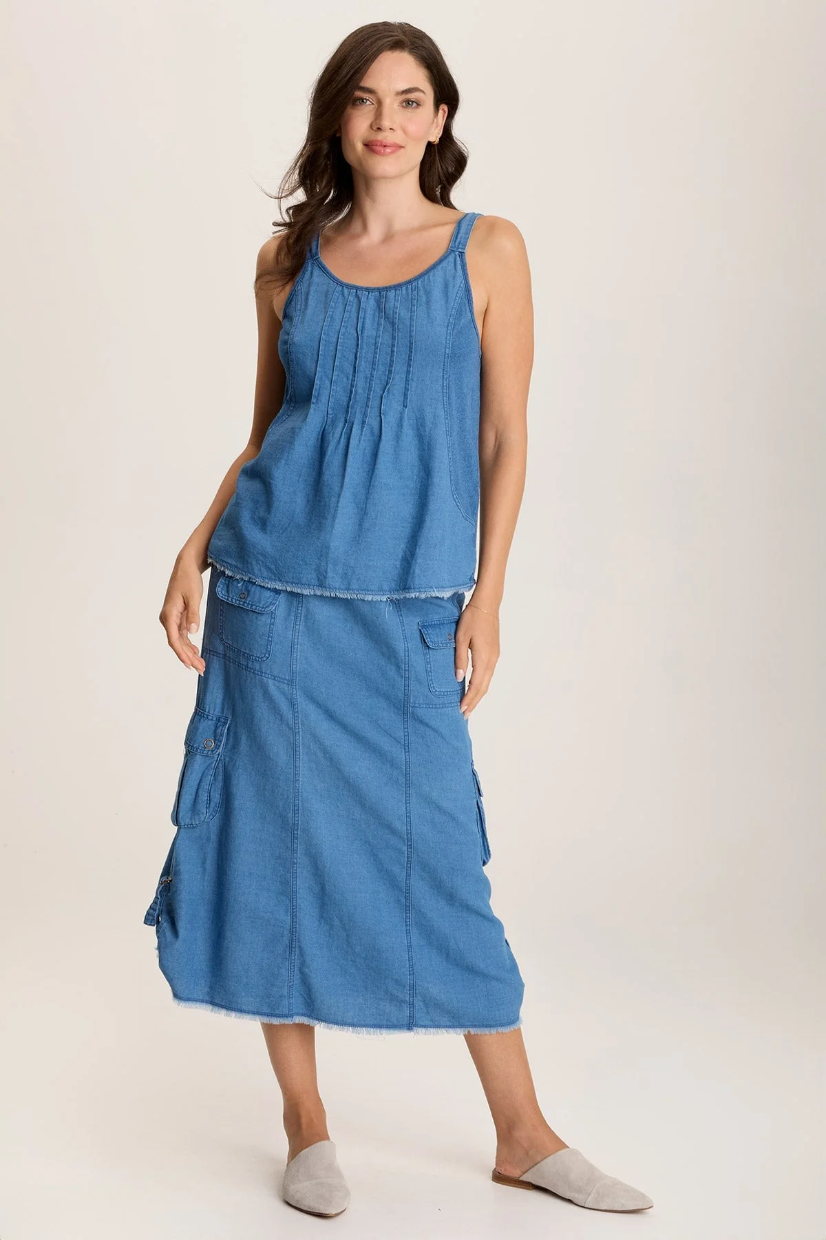 Norelle Flowy Pintuck Mock-Denim Twill Tank - Shopern