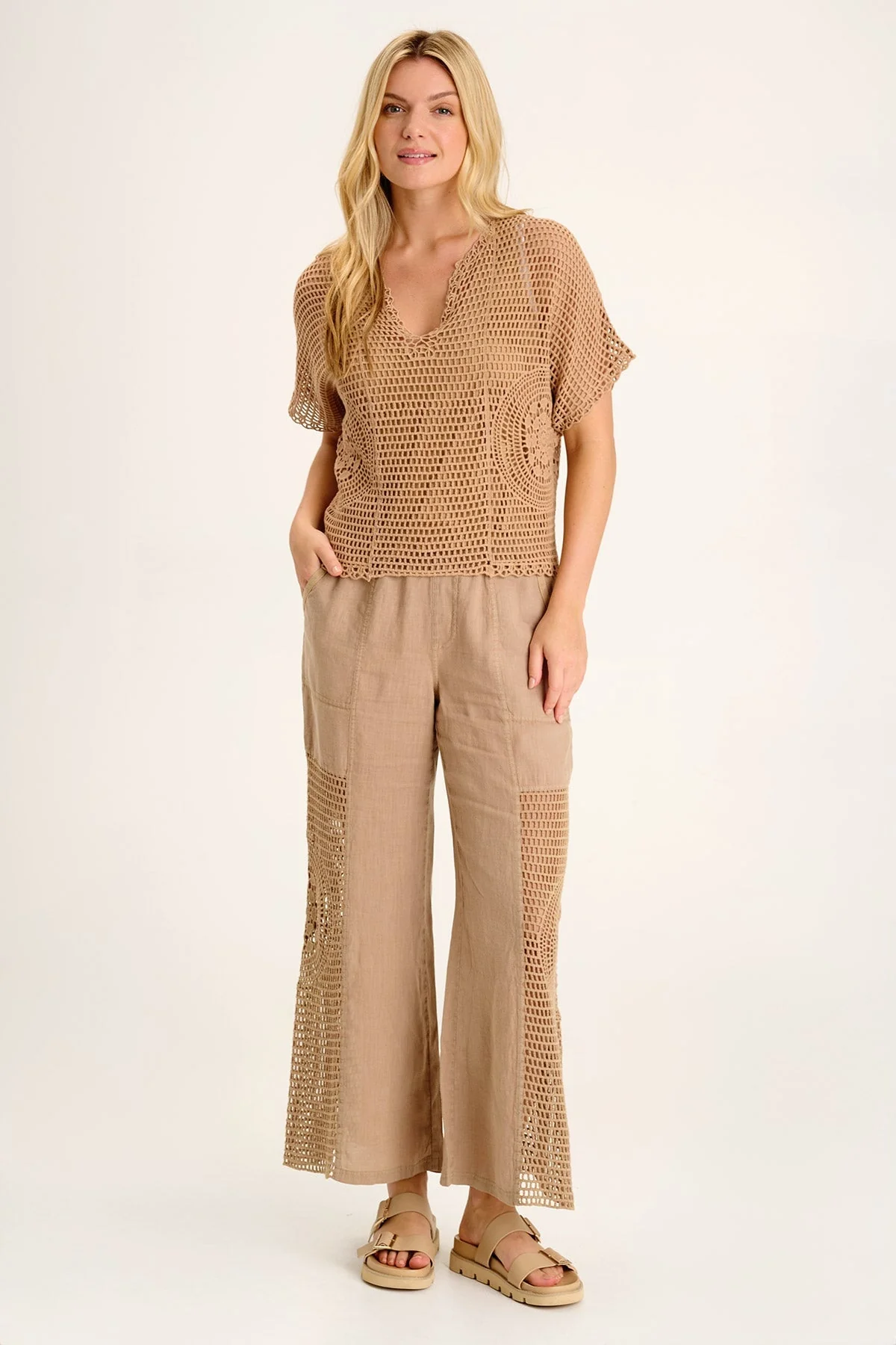 Tangent Linen/Crochet Wide Leg Pant - Shopern