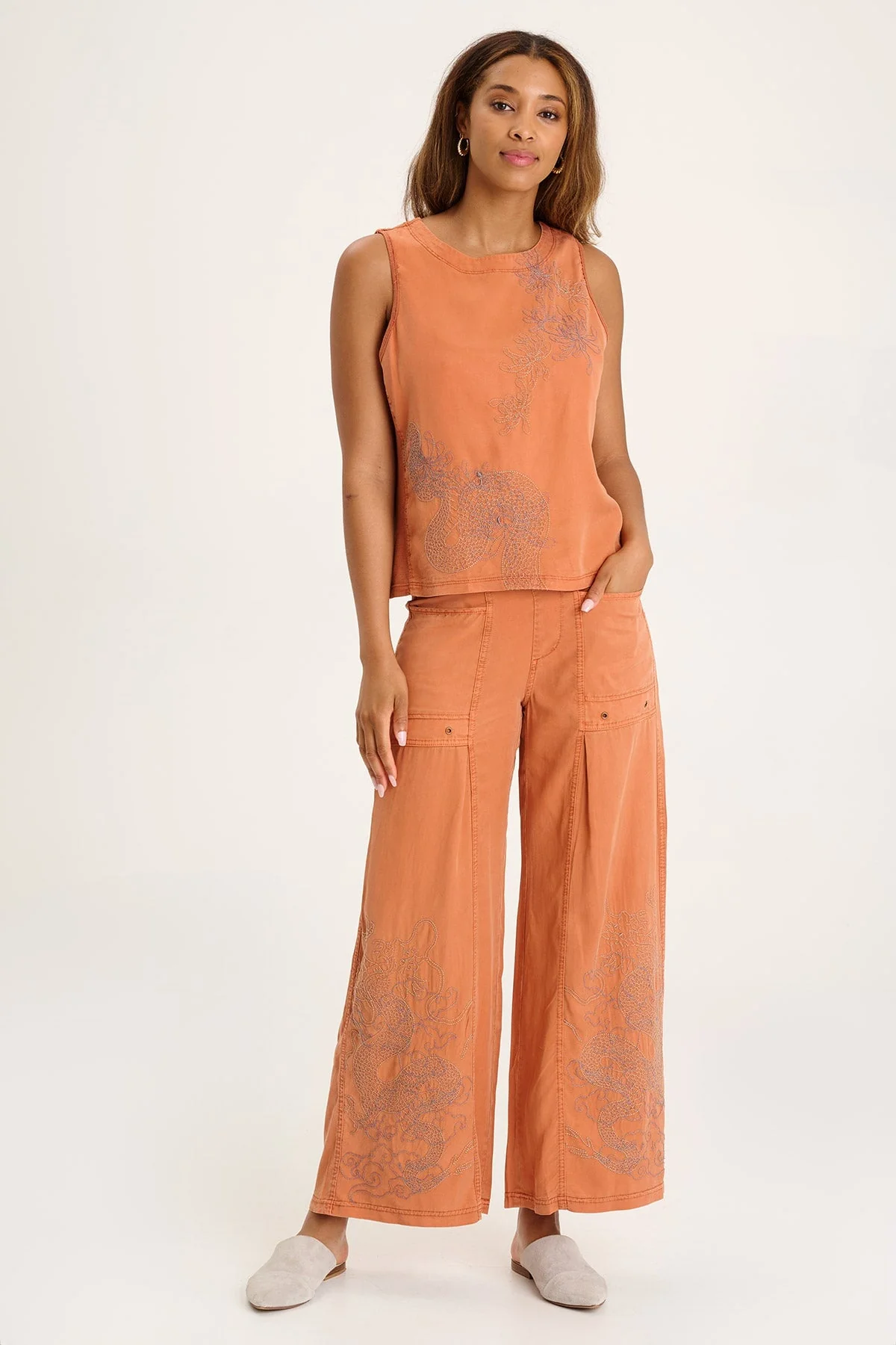 Phedora Twill Embroidered Wide Leg Pant - Shopern