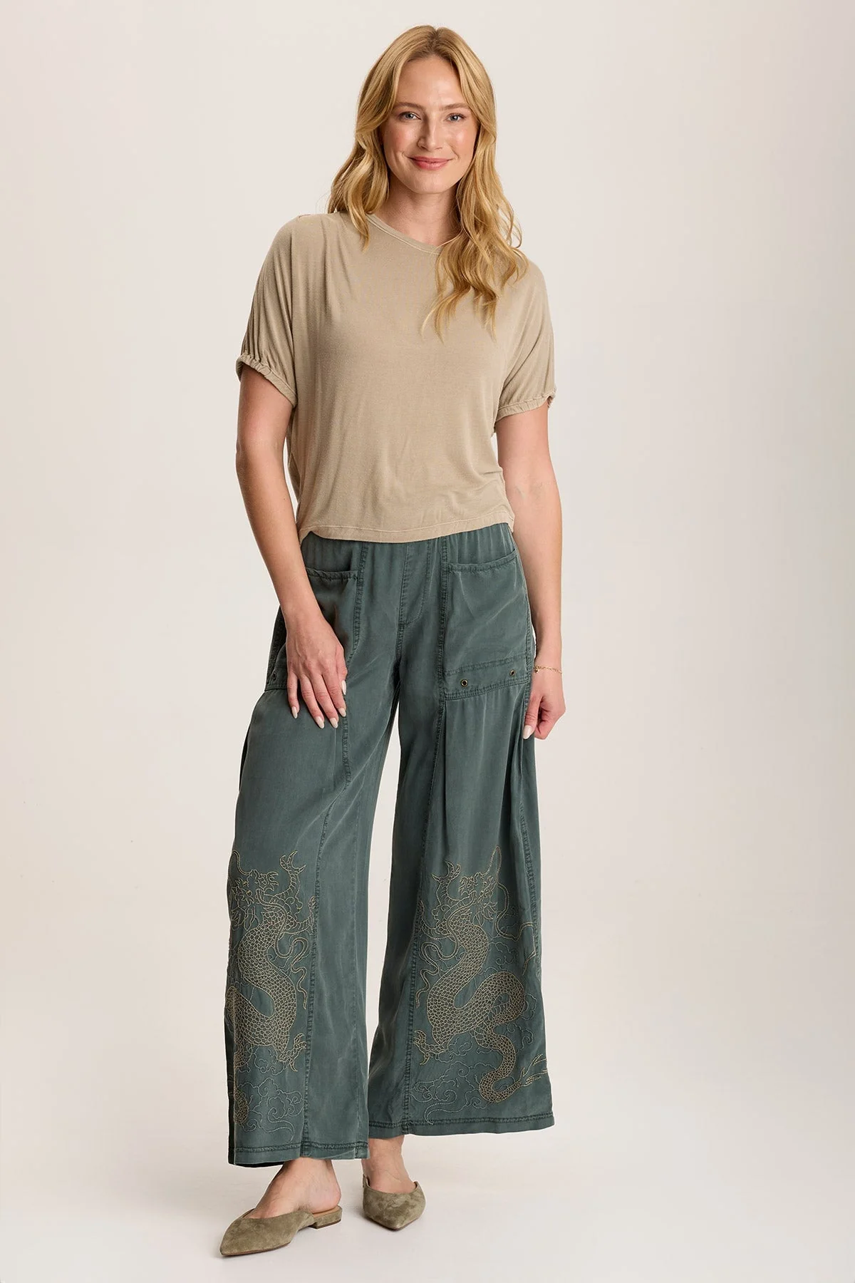 Phedora Twill Embroidered Wide Leg Pant - Shopern