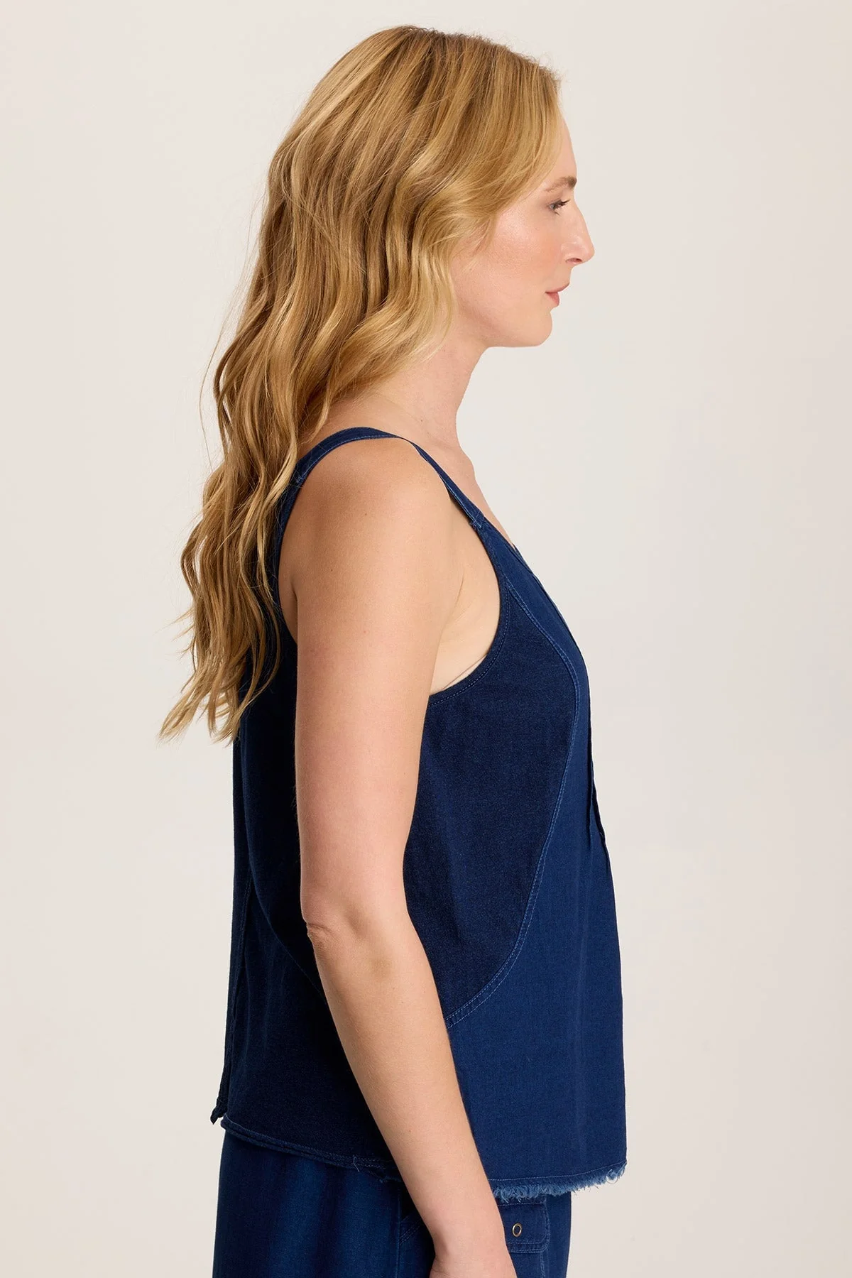 Norelle Flowy Pintuck Mock-Denim Twill Tank - Shopern