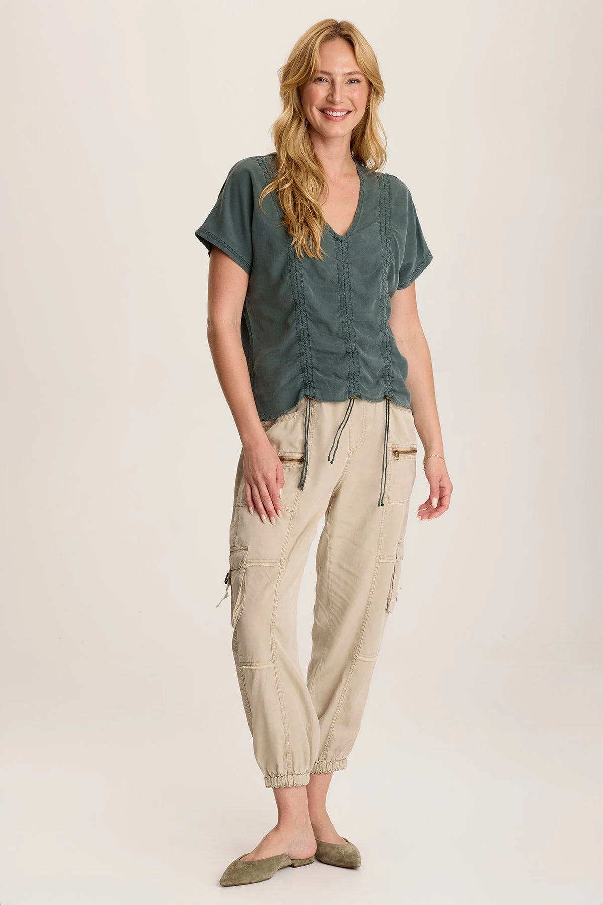 Werner Twill Ruched Cord Relaxed V-Neck Tee - Shopern