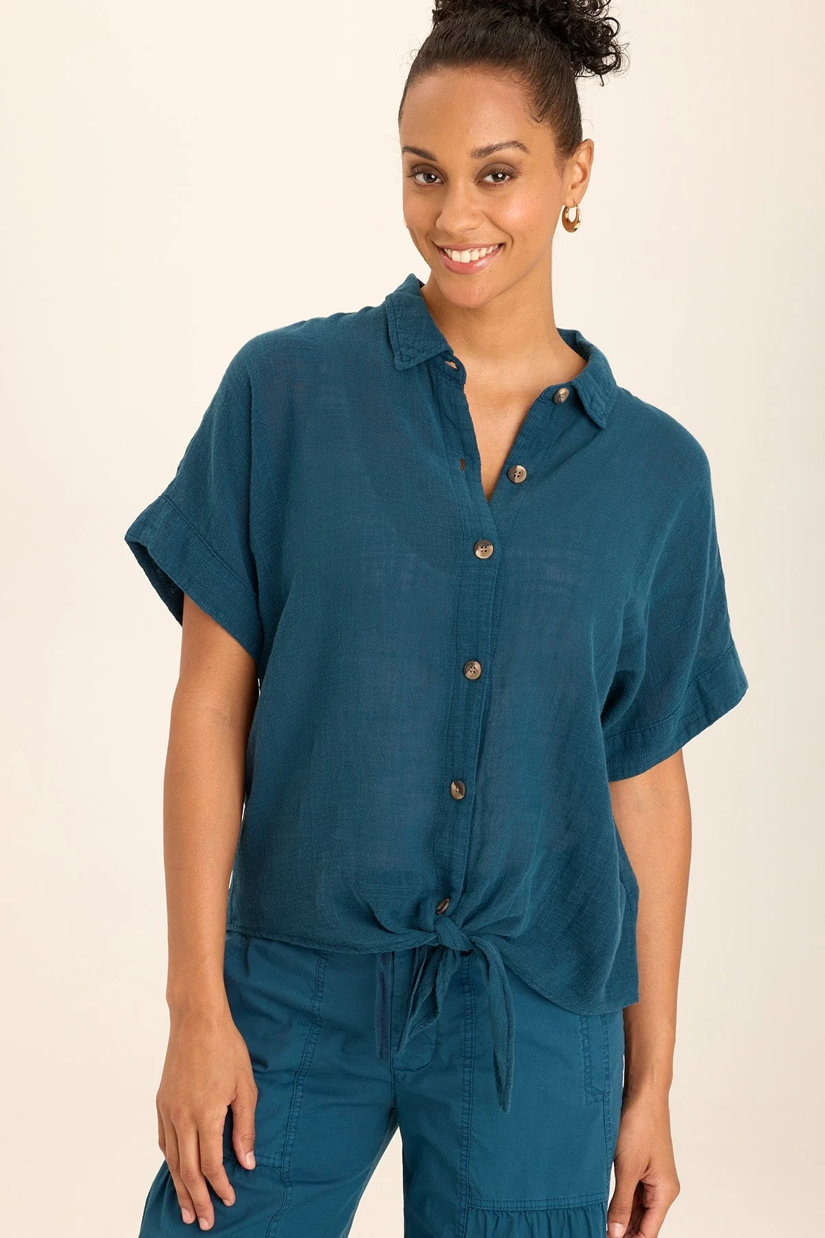 Teagan Gauze Tie-Front Tortioiseshell Button-Up - Shopern