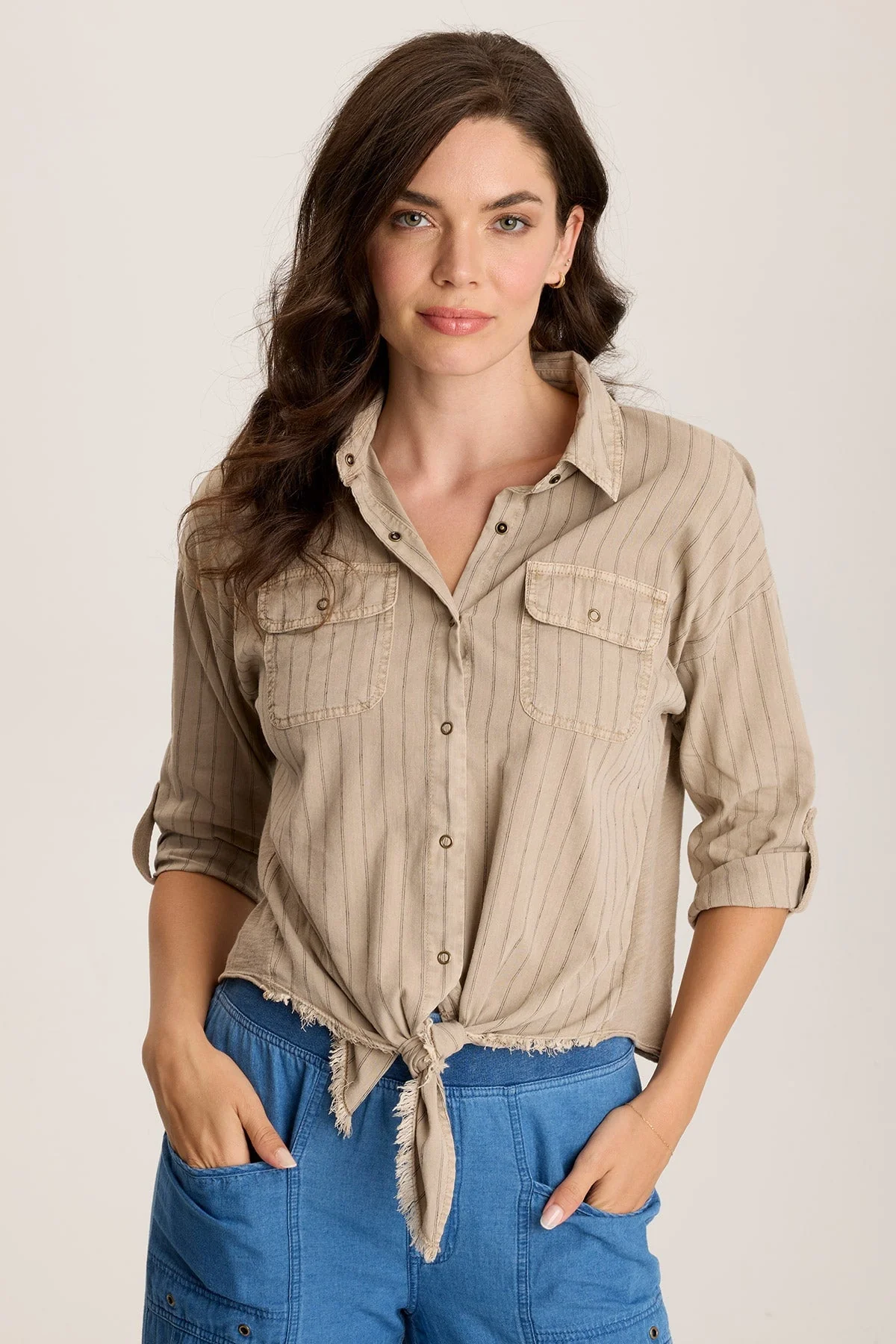 Kato Tie-Front Top with Flap Pockets - Shopern