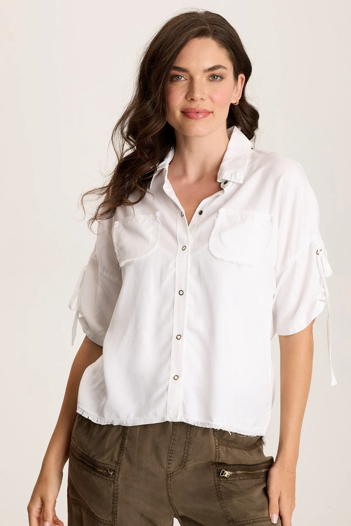 Vinton Twill Jersey Button-Up Collared Top - Shopern