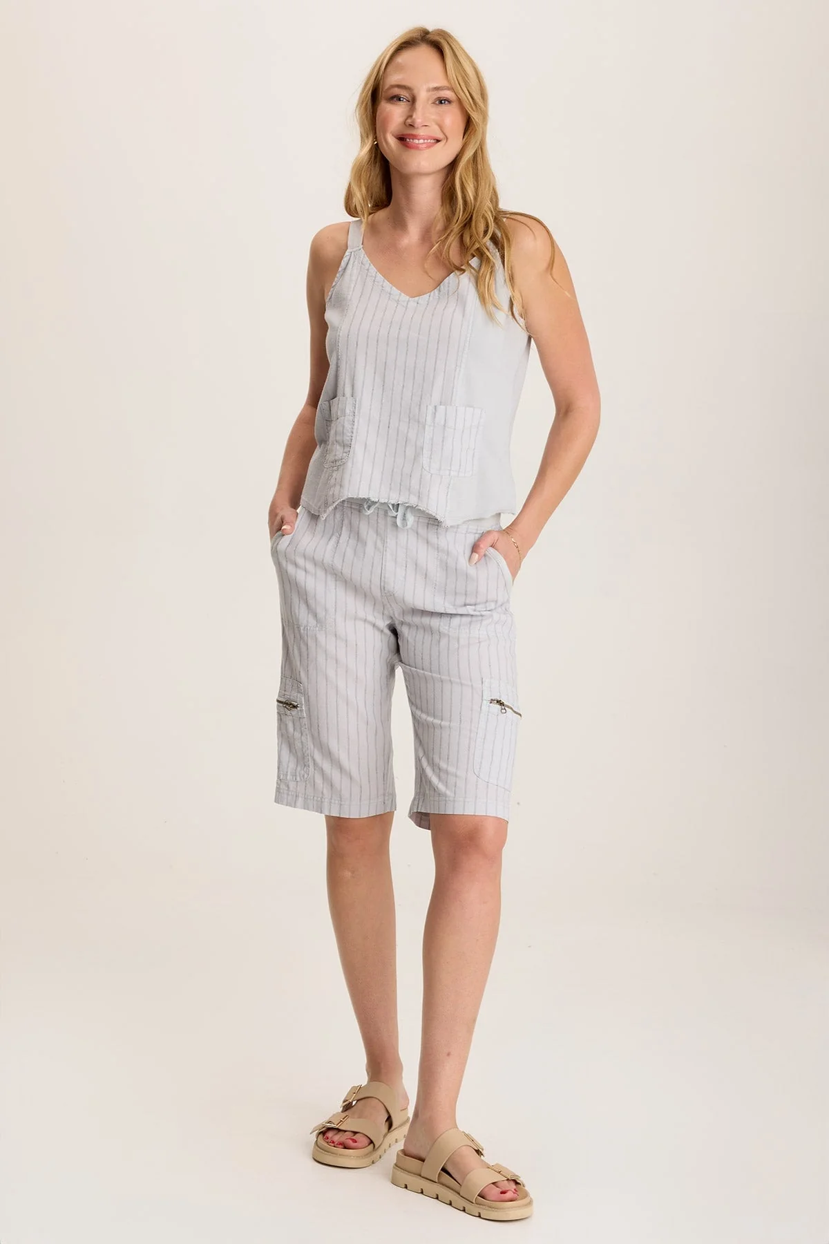 Ludora Linen Stripe Tank with Sharkbite Hem - Shopern