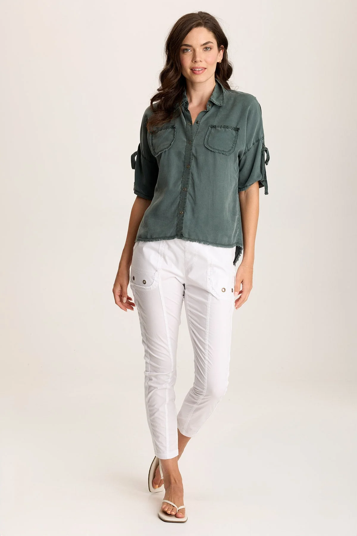 Vinton Twill Jersey Button-Up Collared Top - Shopern