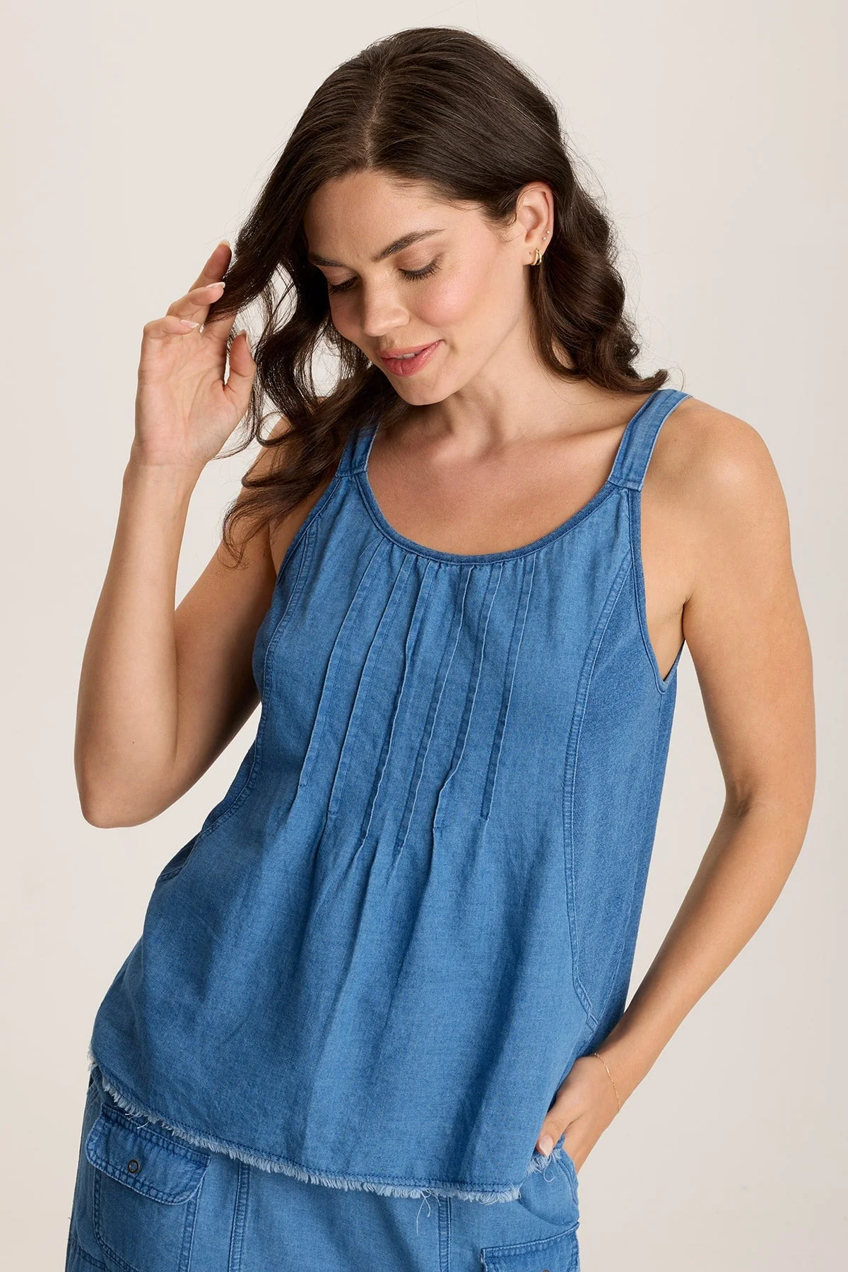 Norelle Flowy Pintuck Mock-Denim Twill Tank - Shopern
