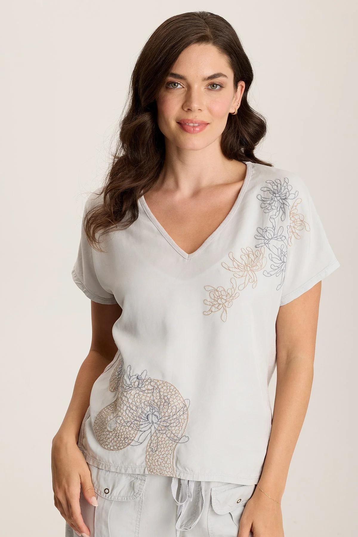 Jolina Twill V-Neck Embroidered Tee - Shopern