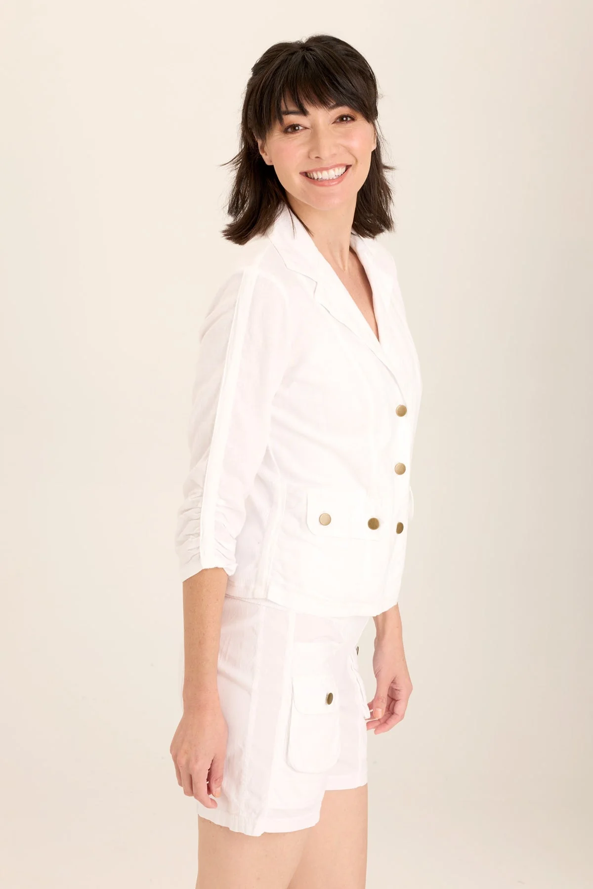 Folksy Linen/Stretch 4-Pocket Shirred Blazer - Shopern