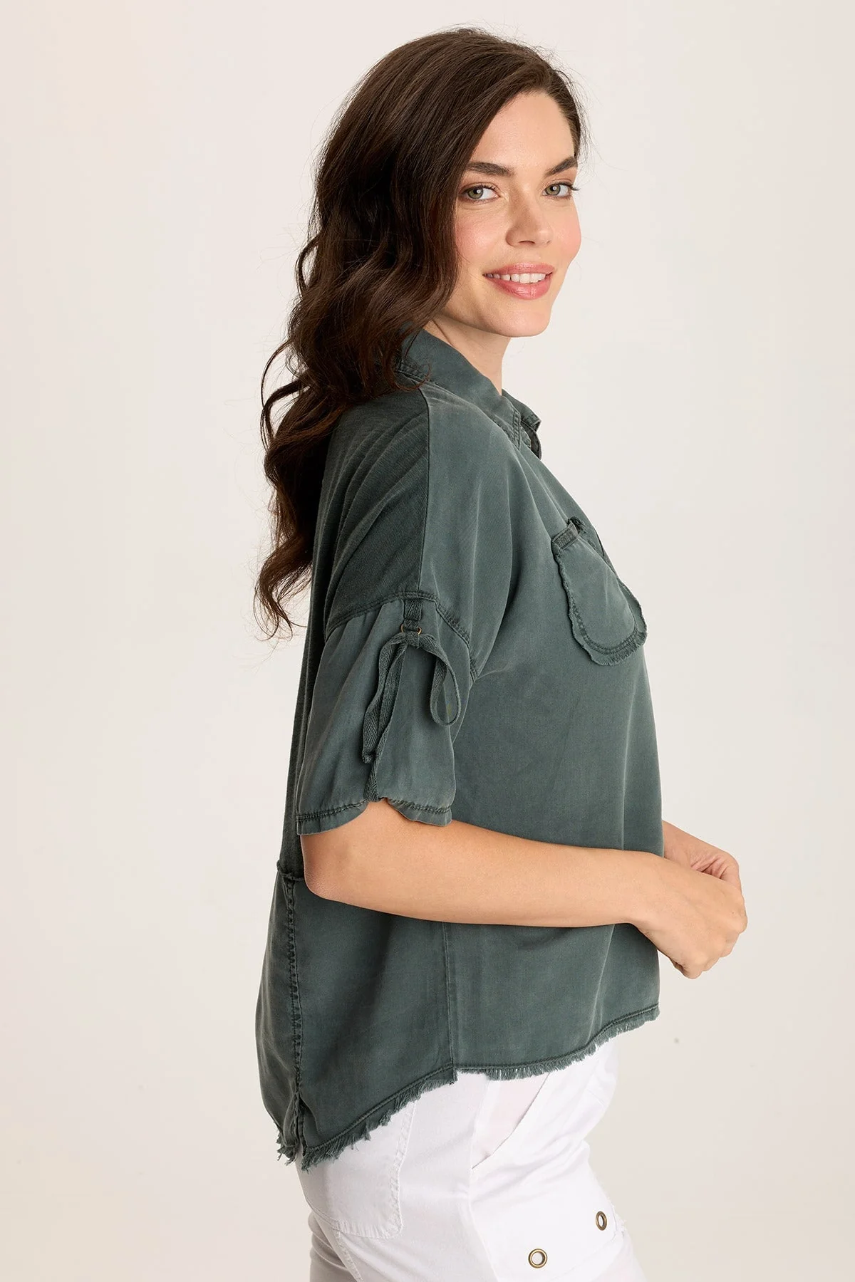 Vinton Twill Jersey Button-Up Collared Top - Shopern