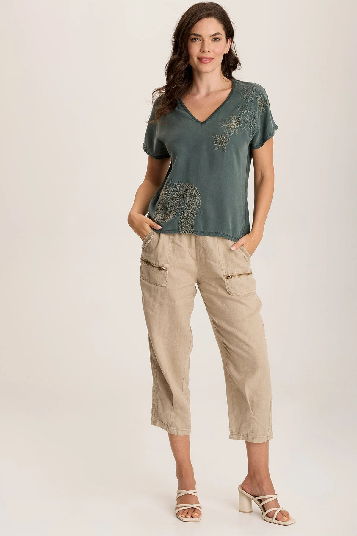 Jolina Twill V-Neck Embroidered Tee - Shopern