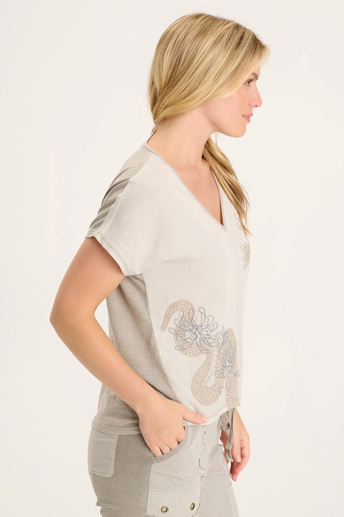 Jolina Twill V-Neck Embroidered Tee - Shopern