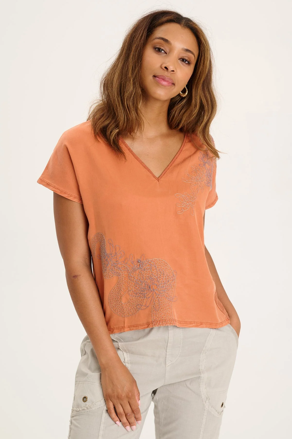 Jolina Twill V-Neck Embroidered Tee - Shopern