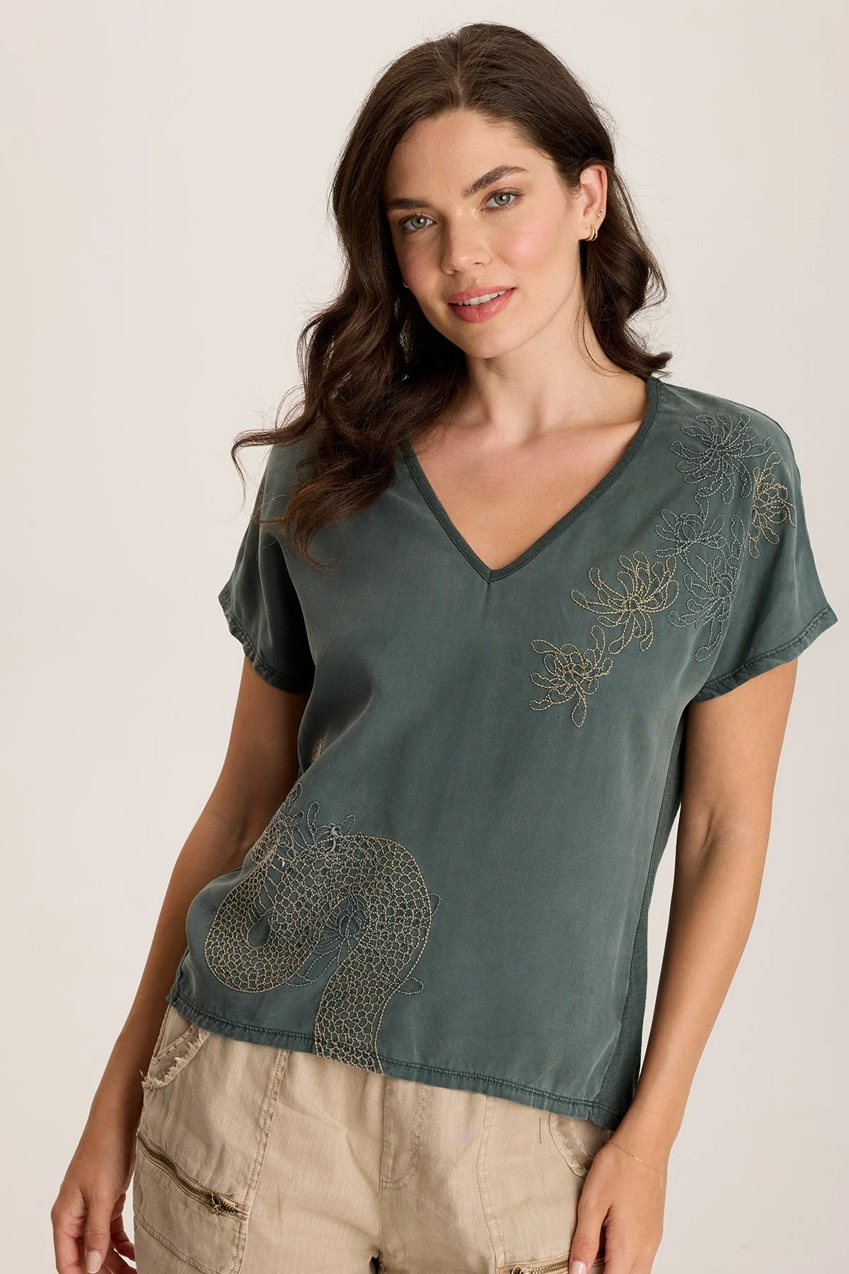 Jolina Twill V-Neck Embroidered Tee - Shopern