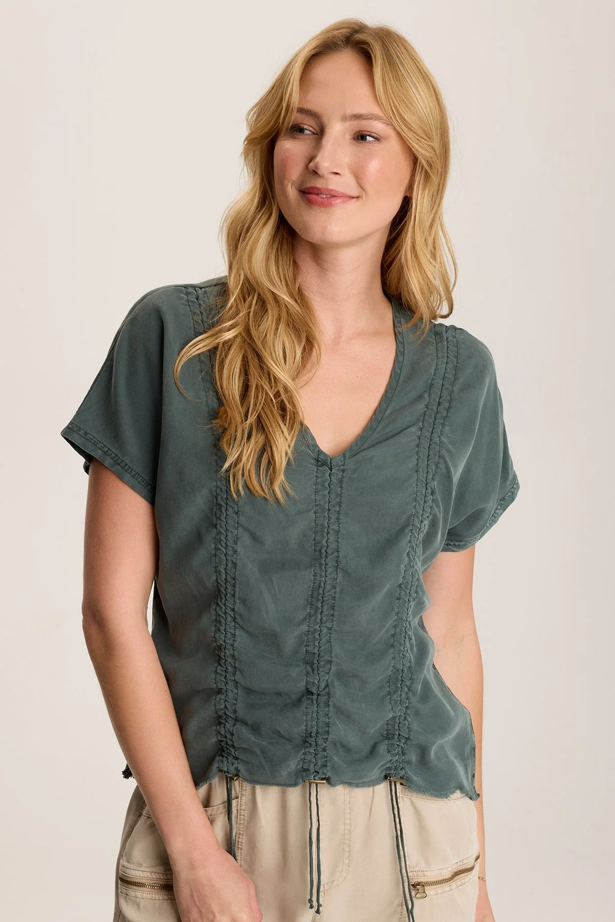 Werner Twill Ruched Cord Relaxed V-Neck Tee - Shopern