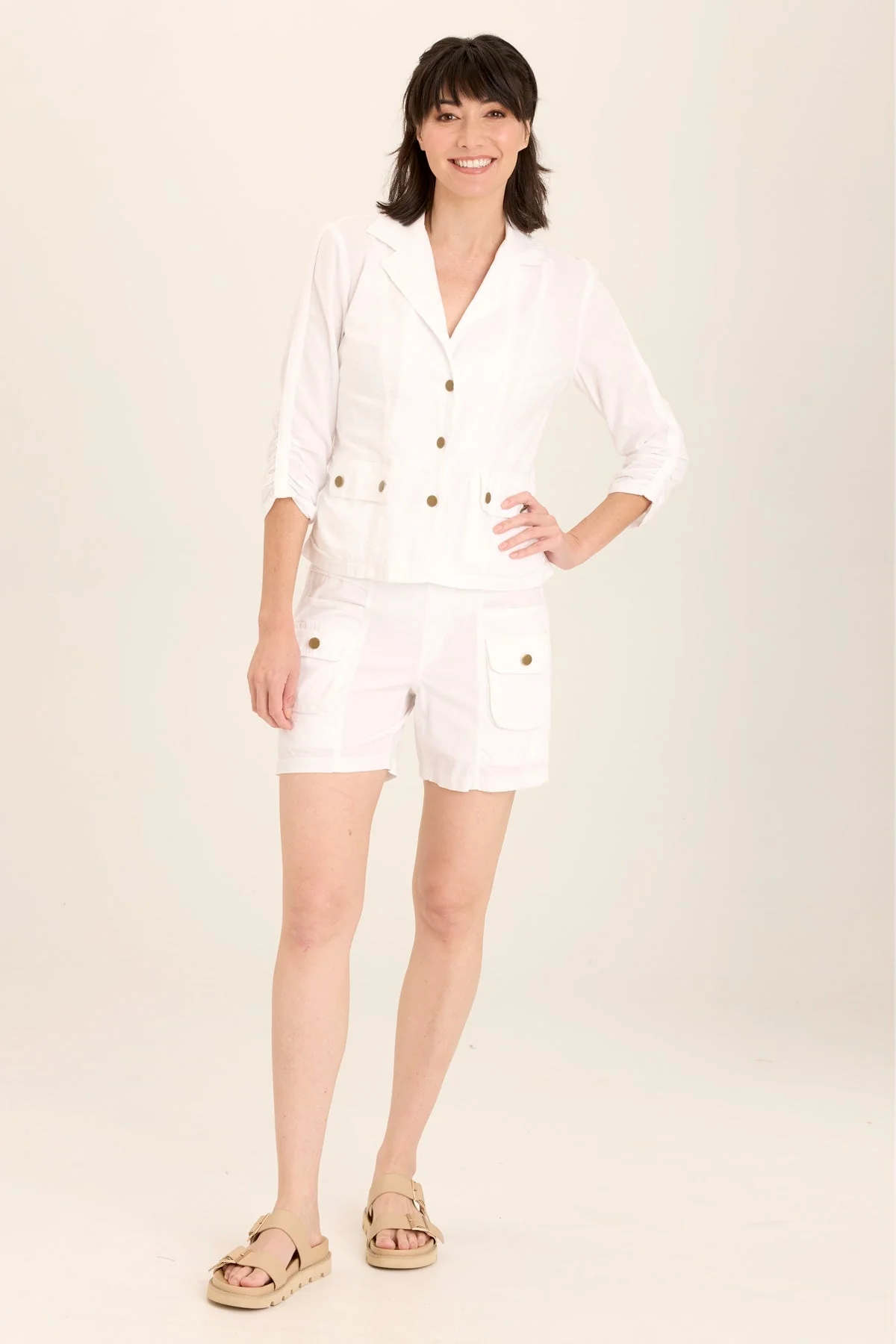 Folksy Linen/Stretch 4-Pocket Shirred Blazer - Shopern