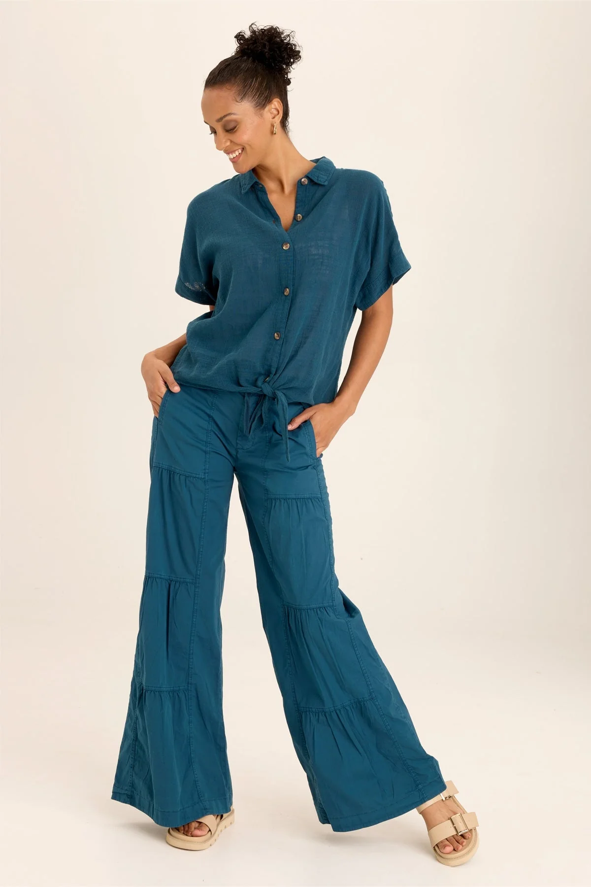 Teagan Gauze Tie-Front Tortioiseshell Button-Up - Shopern