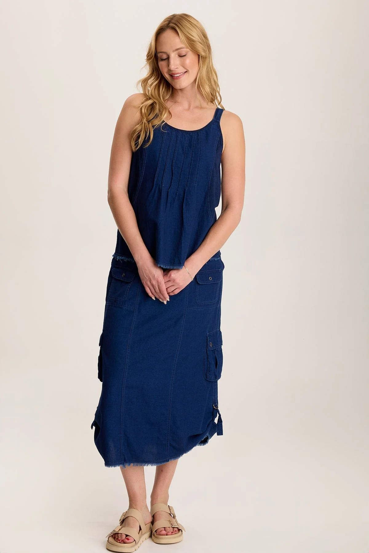 Norelle Flowy Pintuck Mock-Denim Twill Tank - Shopern