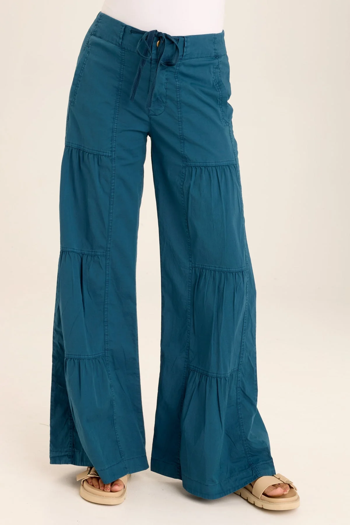 Tiered Wide Leg Drawstring Flare Ruched Pant - Shopern