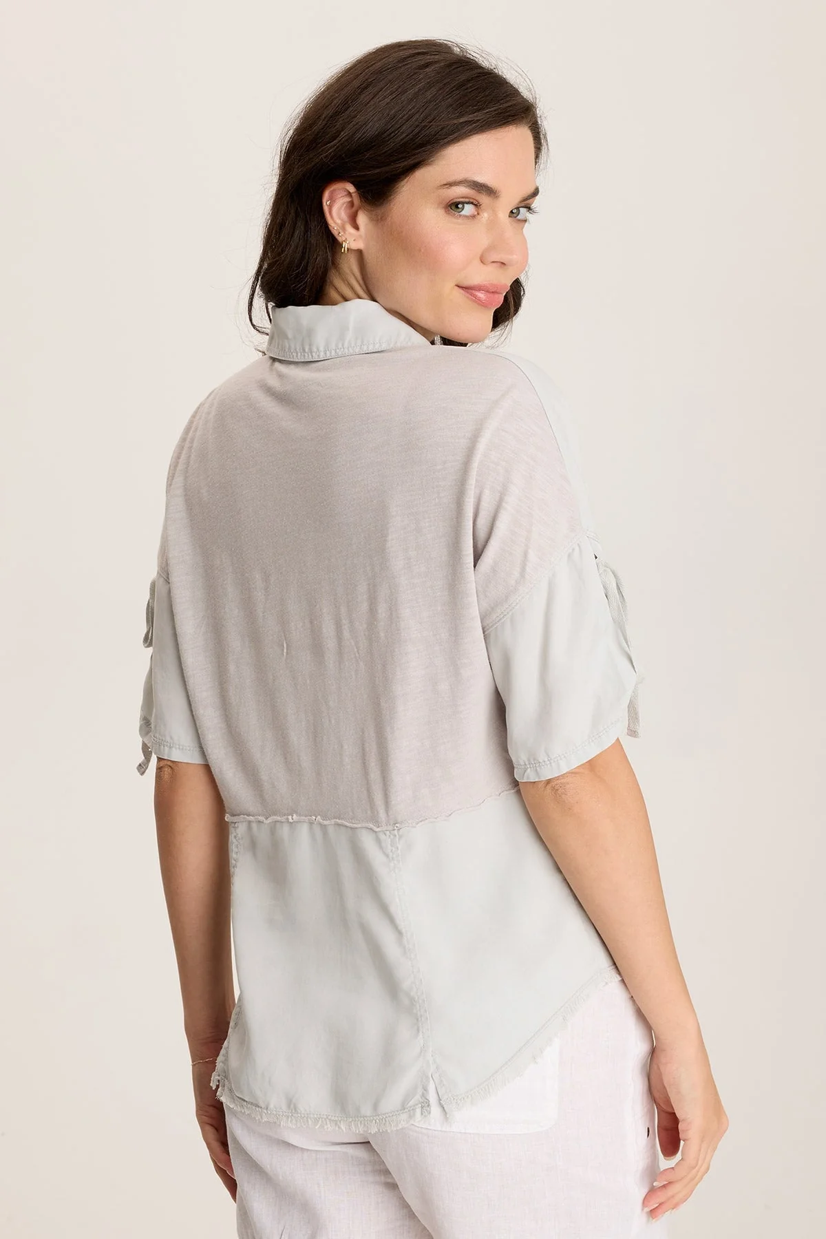 Vinton Twill Jersey Button-Up Collared Top - Shopern