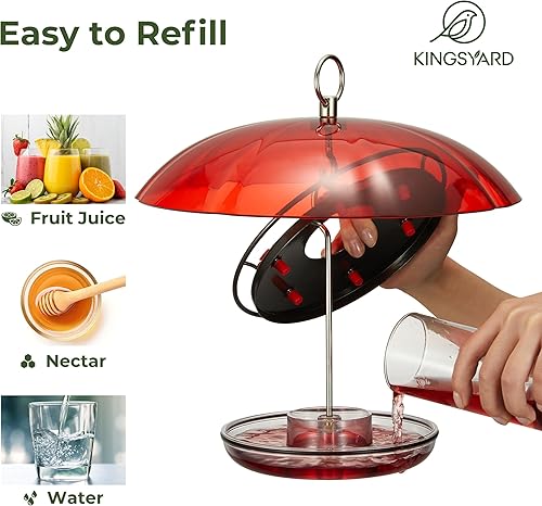 Kingsyard Weatherproof Hummingbird Feeder for Outdoors Hanging - Heavy Duty Metal Lid with 6 Bee Guard Feeding Ports & Circular Perch, Built-in Ant Moat, Easy to Refill & Clean (12oz/Red) - Shopern