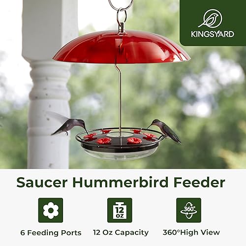 Kingsyard Weatherproof Hummingbird Feeder for Outdoors Hanging - Heavy Duty Metal Lid with 6 Bee Guard Feeding Ports & Circular Perch, Built-in Ant Moat, Easy to Refill & Clean (12oz/Red) - Shopern