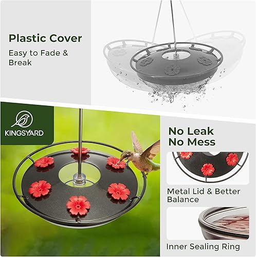 Kingsyard Weatherproof Hummingbird Feeder for Outdoors Hanging - Heavy Duty Metal Lid with 6 Bee Guard Feeding Ports & Circular Perch, Built-in Ant Moat, Easy to Refill & Clean (12oz/Red) - Shopern