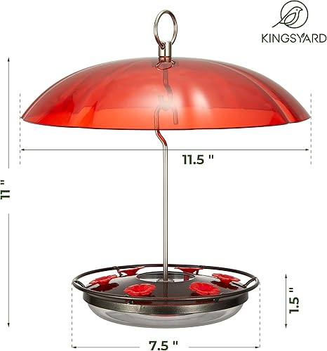 Kingsyard Weatherproof Hummingbird Feeder for Outdoors Hanging - Heavy Duty Metal Lid with 6 Bee Guard Feeding Ports & Circular Perch, Built-in Ant Moat, Easy to Refill & Clean (12oz/Red) - Shopern