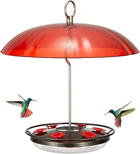 Kingsyard Weatherproof Hummingbird Feeder for Outdoors Hanging - Heavy Duty Metal Lid with 6 Bee Guard Feeding Ports & Circular Perch, Built-in Ant Moat, Easy to Refill & Clean (12oz/Red) - Shopern