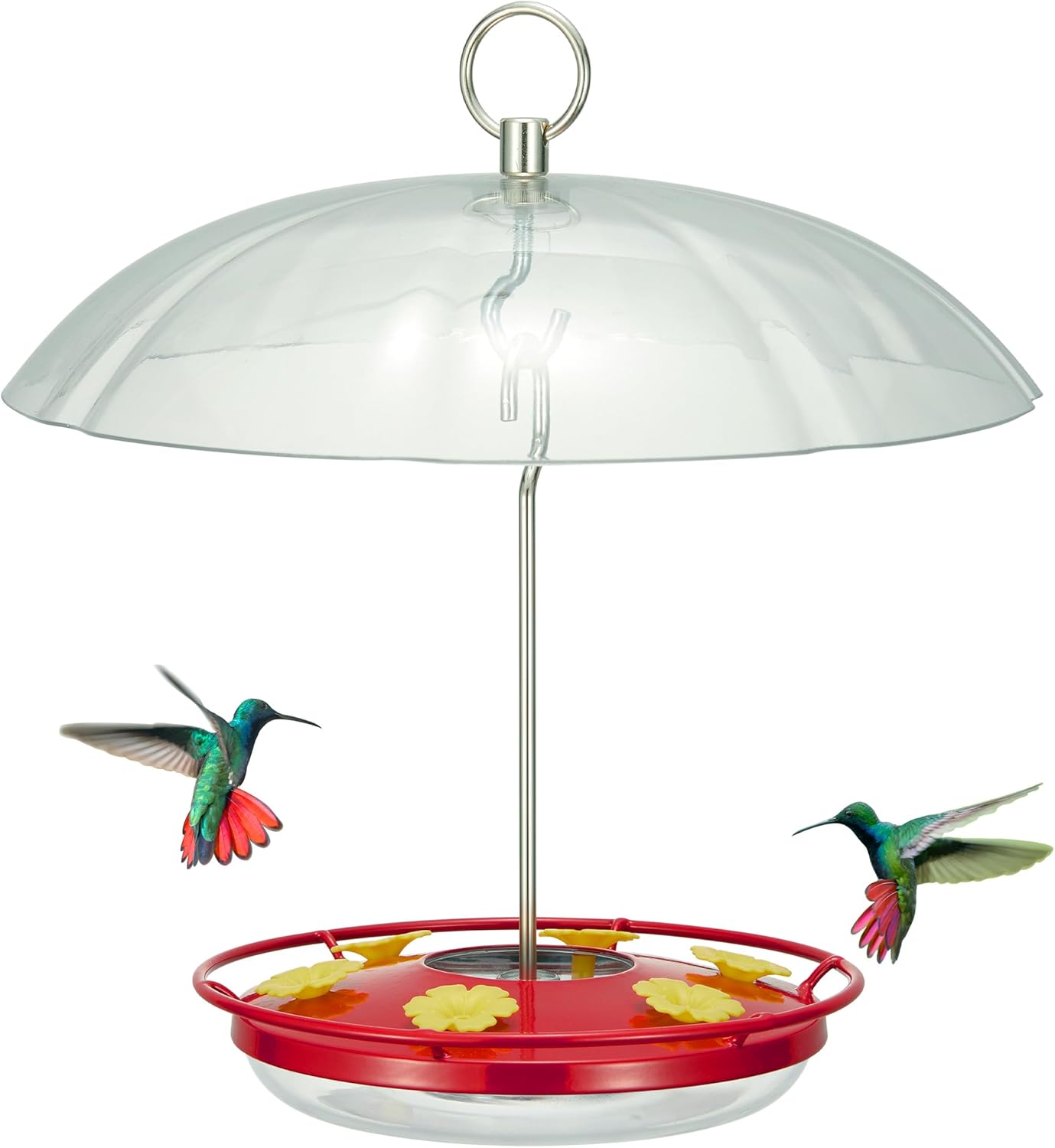 Kingsyard Weatherproof Hummingbird Feeder for Outdoors Hanging - Heavy Duty Metal Lid with 6 Bee Guard Feeding Ports & Circular Perch, Built-in Ant Moat, Easy to Refill & Clean (12oz/Red) - Shopern
